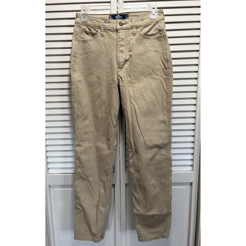 Hollister Khaki Mom Jeans‎ Straight High Rise Size 27/29 Zip/Button Pockets Tan